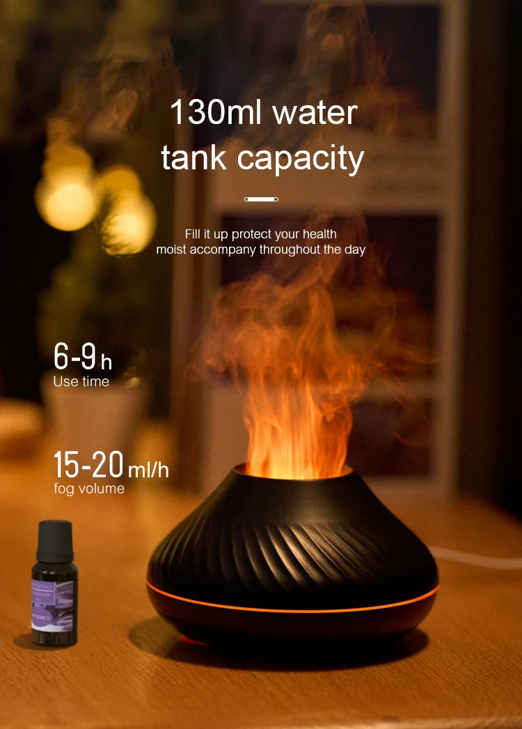 130ml Volcanic Aroma Diffuser - USB Essential Oil Humidifier with Color Flame Light