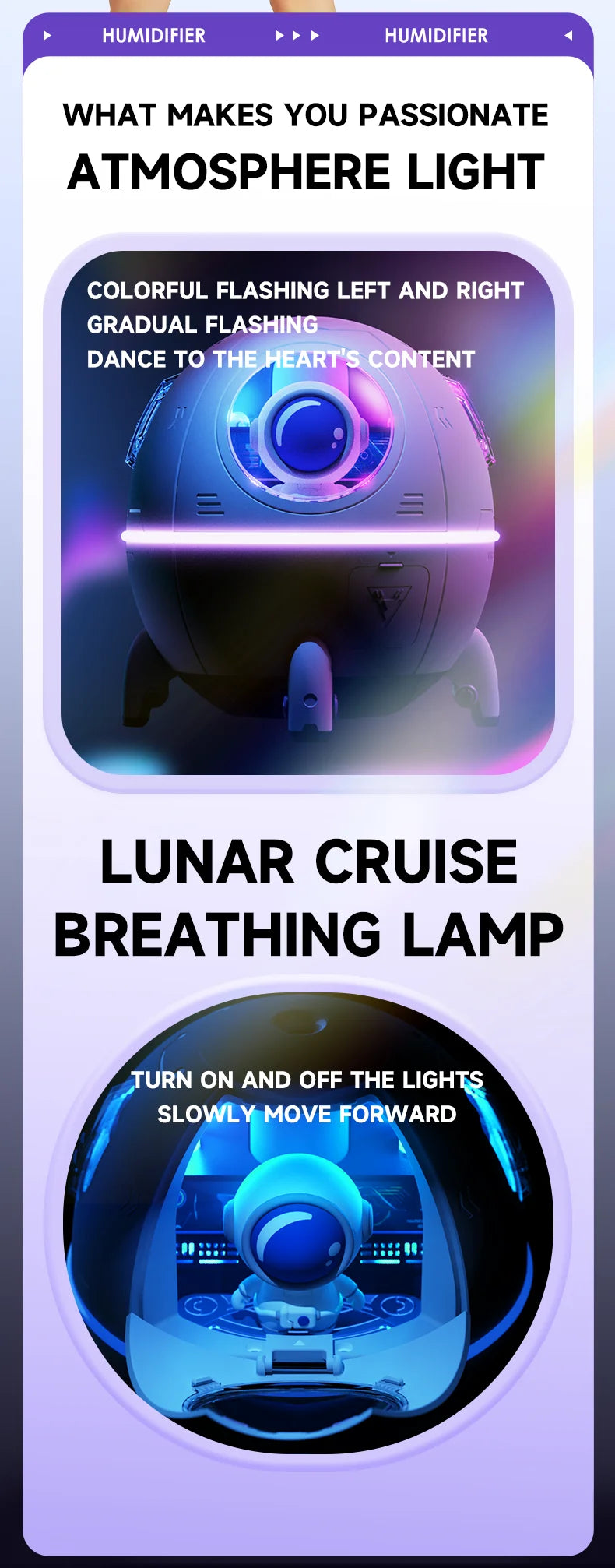 220mL Space Capsule USB Humidifier - Rechargeable Aromatherapy Diffuser with 7-Color Light