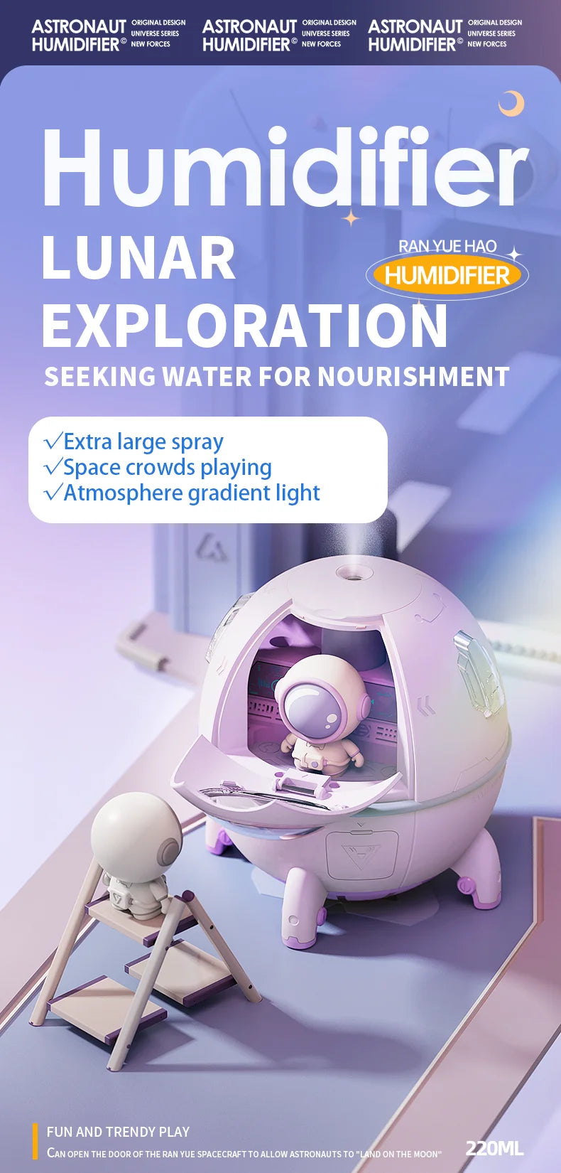 220mL Space Capsule USB Humidifier - Rechargeable Aromatherapy Diffuser with 7-Color Light