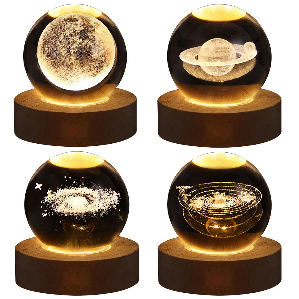 3D Crystal Galaxy Lamp – USB Night Light with Planet Projections