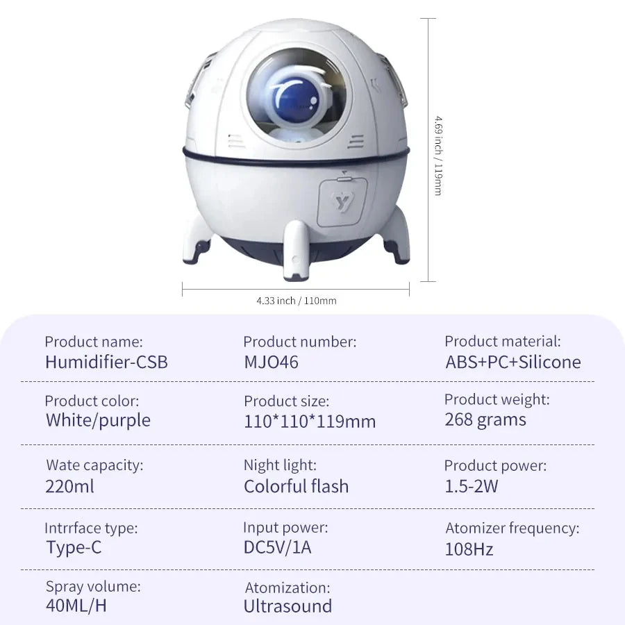 220mL Space Capsule USB Humidifier - Rechargeable Aromatherapy Diffuser with 7-Color Light