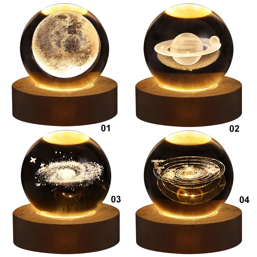 3D Crystal Galaxy Lamp – USB Night Light with Planet Projections